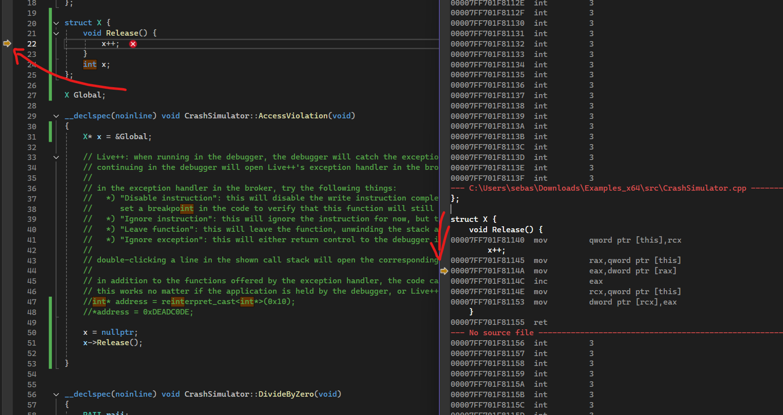 Debugger showing instruction pointer