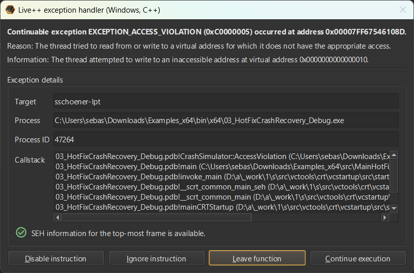 Live++ exception handler